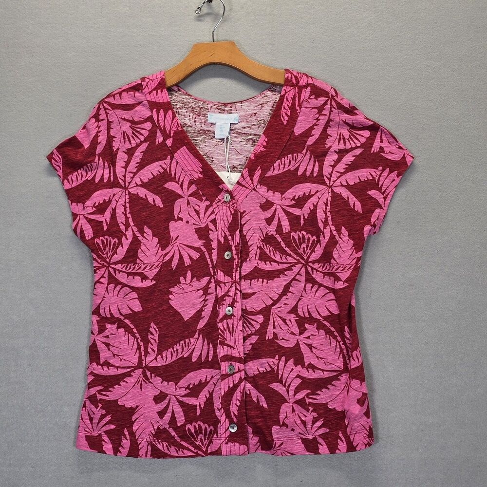 Cynthia Rowley Pink Tropical Palm Linen Button Front Top Womens Small NEW